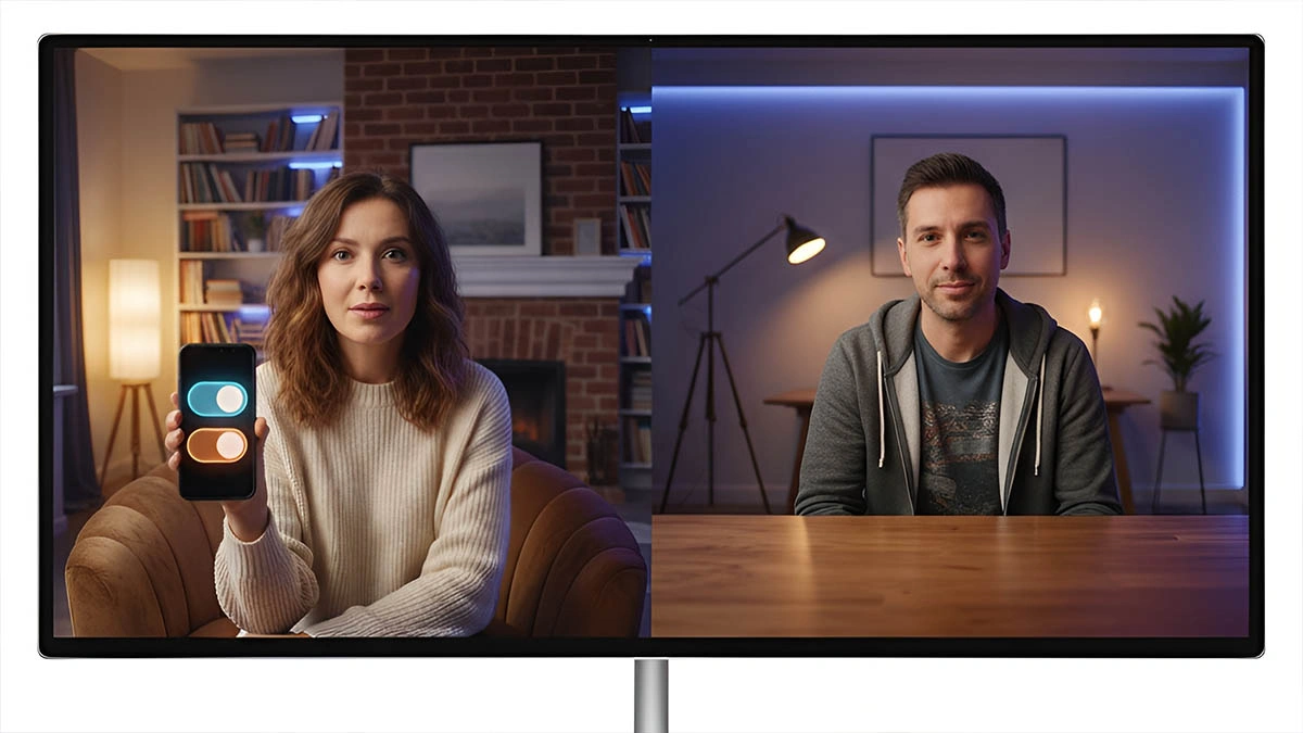 two adults on a private video call controlling a smart device with a phone