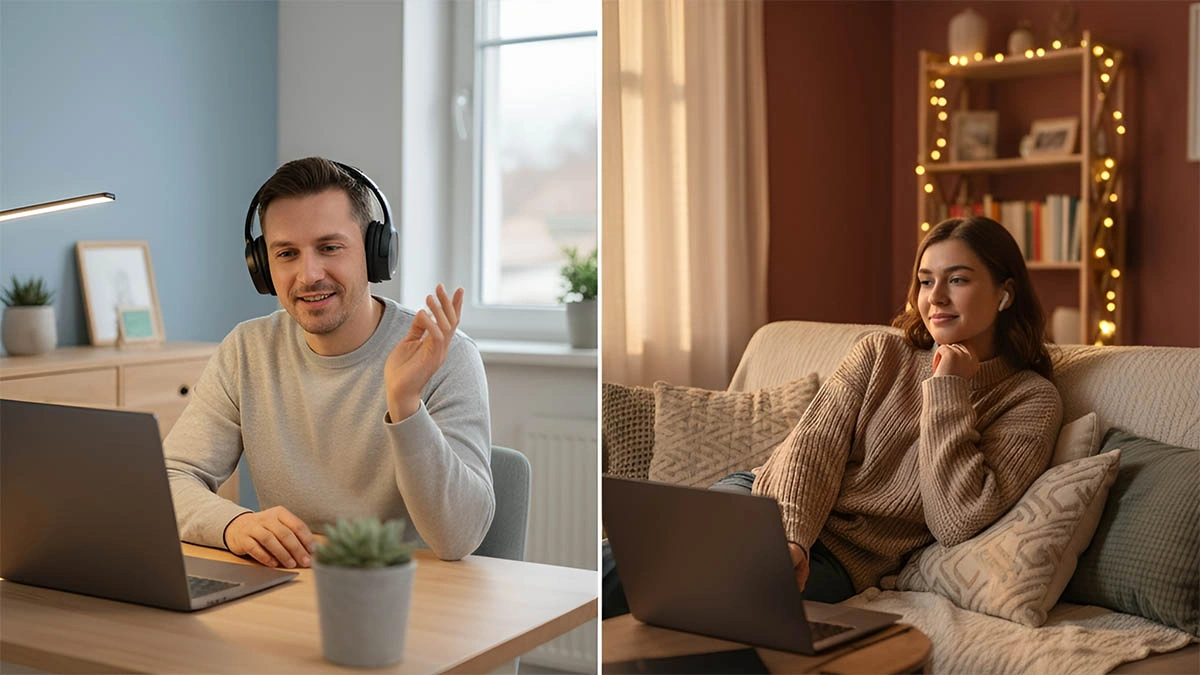 two adults on a video call smiling and making eye contact through the camera