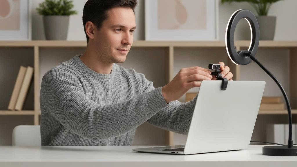 adult adjusting webcam and soft light before a video call