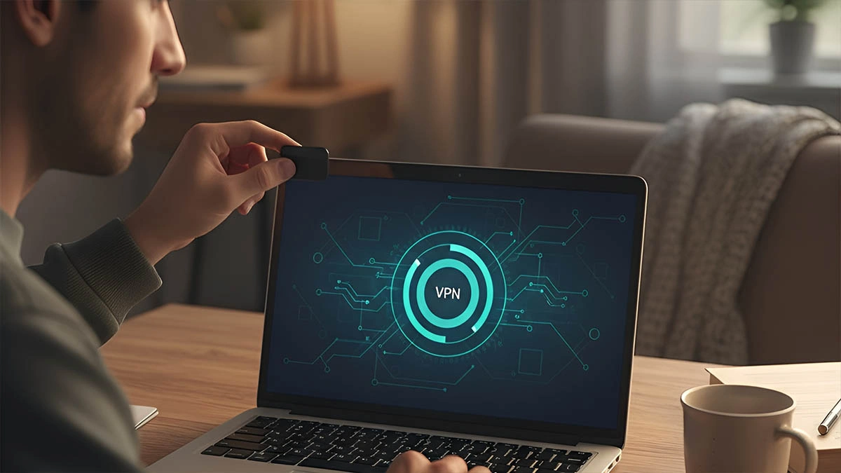 Webcam VPN safety — cover on the camera while VPN is active adult placing a webcam cover while a generic VPN app is open on a laptop