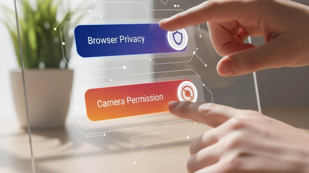 Browser privacy — tracking protection and camera prompts close-up of adult hands toggling browser privacy and camera permissions