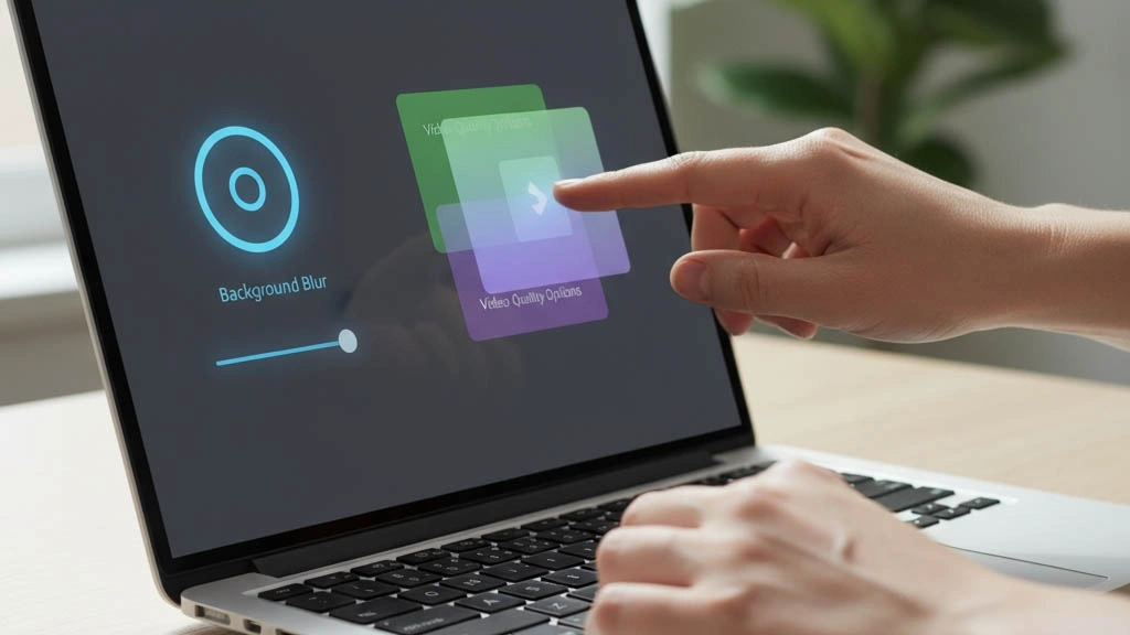 close-up of adult hands enabling background blur and video quality options before a call