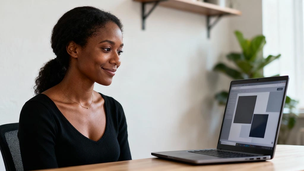 first private chat tips men - adult woman smiles at a laptop camera, relaxed home lighting