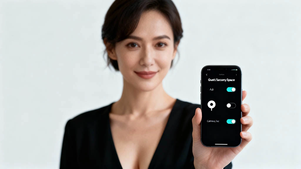 adult woman uses a phone to enable strict tracking protection; clean background, soft light