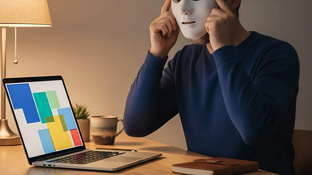 halloween roleplay private chat men - man adjusts a simple mask and looks toward a laptop with abstract interface