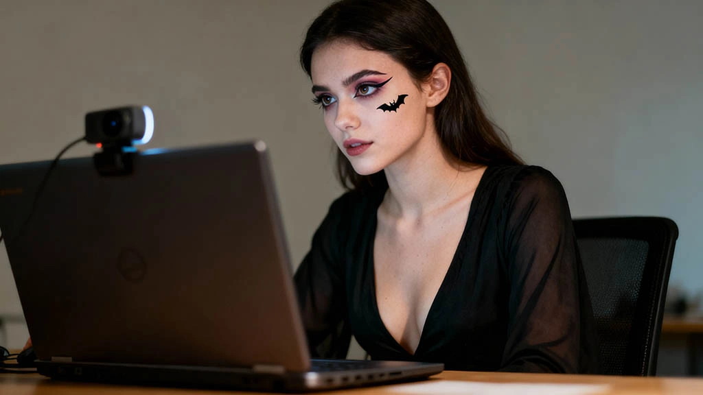 adult woman with subtle Halloween makeup sits at a desk, calm smile, laptop at eye level with abstract blocks