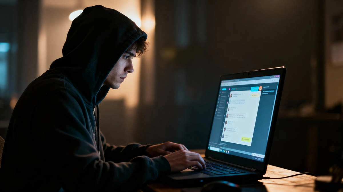 Webcam sextortion warning — laptop and hacker silhouette webcam sextortion warning scene with laptop and hacker silhouette