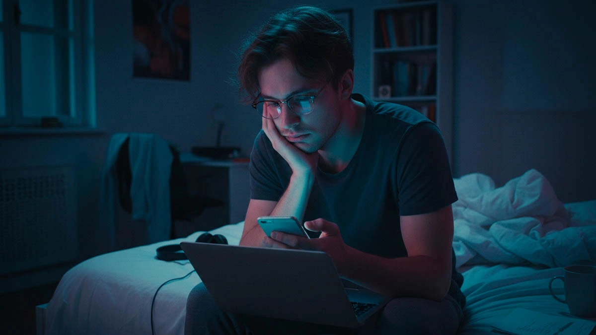 post chat anxiety private call debrief with a man sitting in a dark room looking at his phone