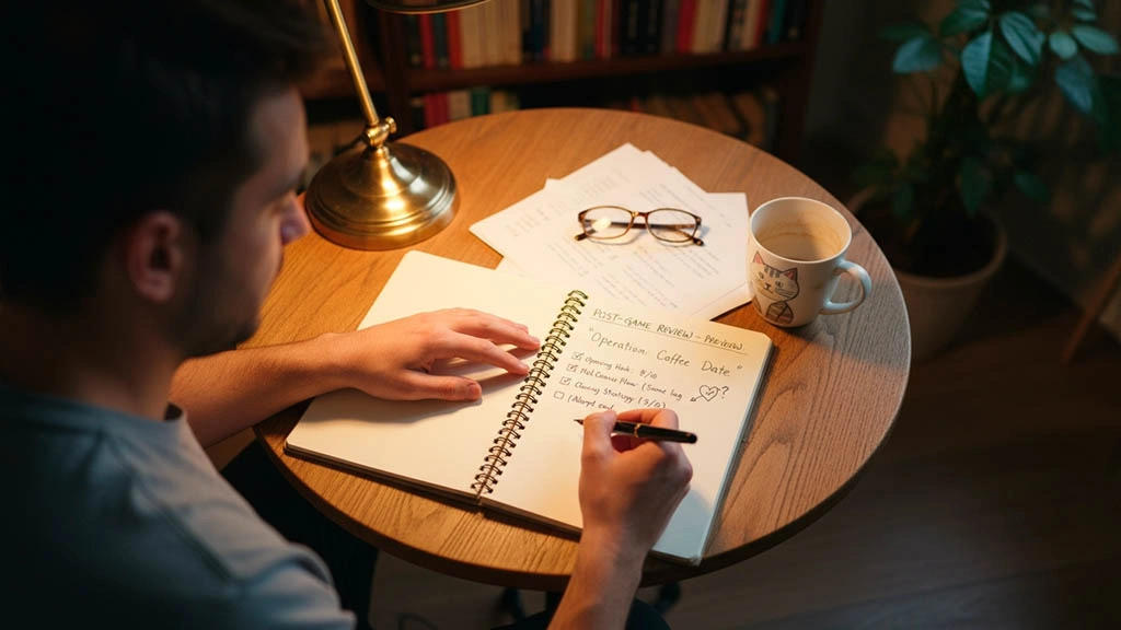 man writing a short post-game review of his last private chat in a notebook at a small desk