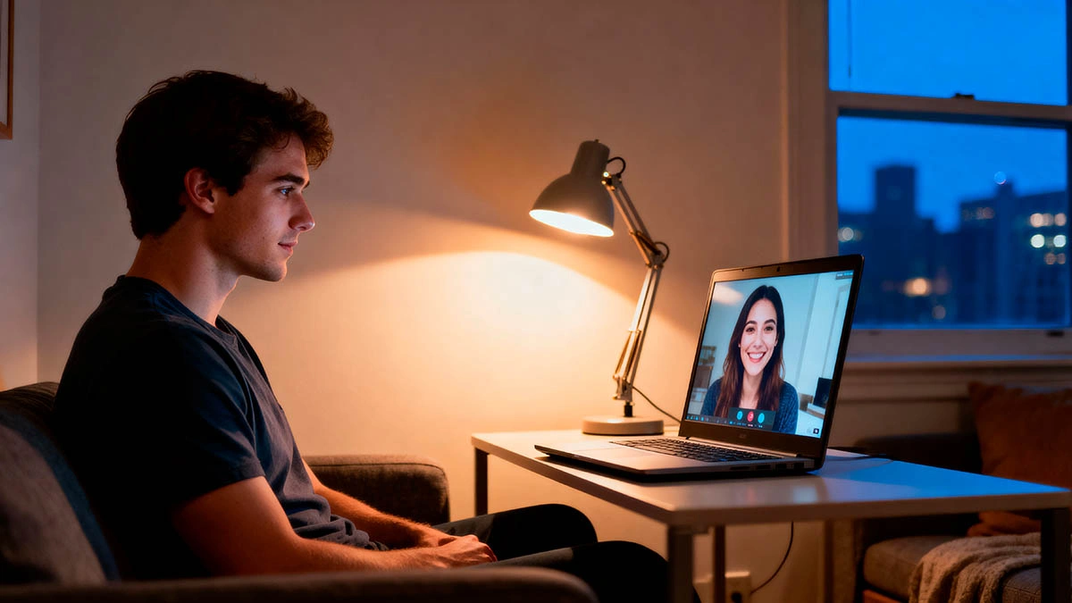 webcam lighting for private calls setup with man adjusting lamp at night