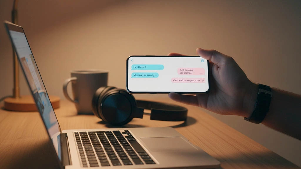 man typing first message after cam show in chat app on smartphone