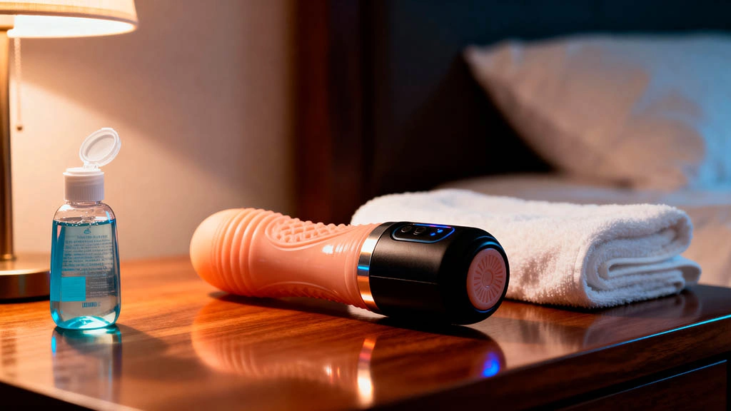 close view of male stroker, lube and towel on a bedside table