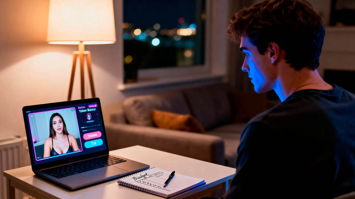 cam token budget asian man planning spending at laptop