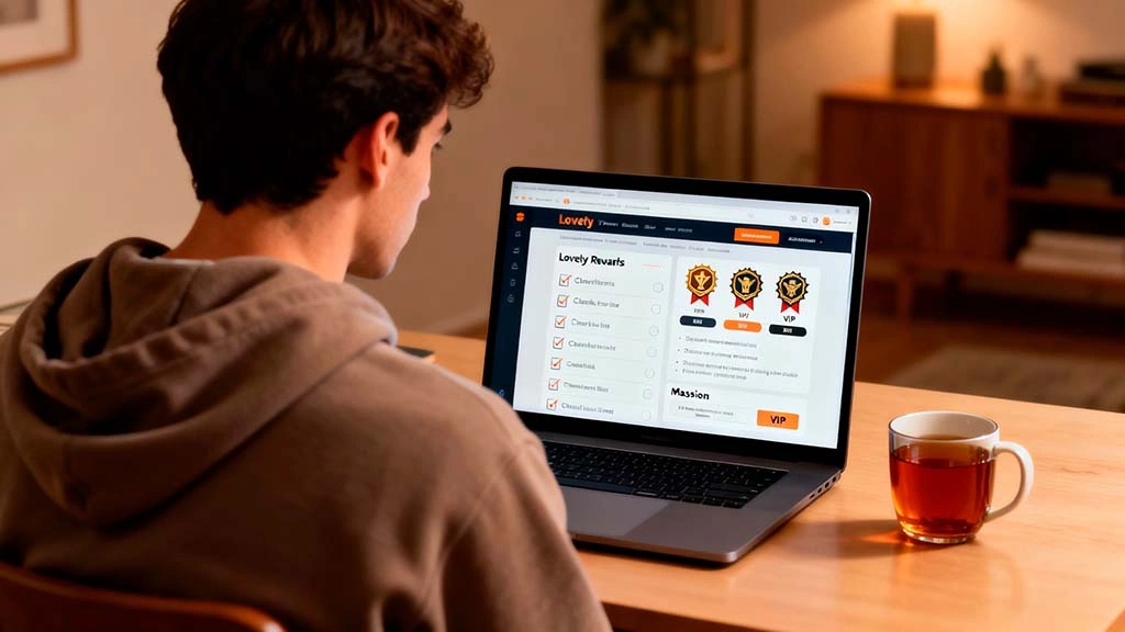 male viewer at desk checking VIP levels and missions on a cam site loyalty rewards page