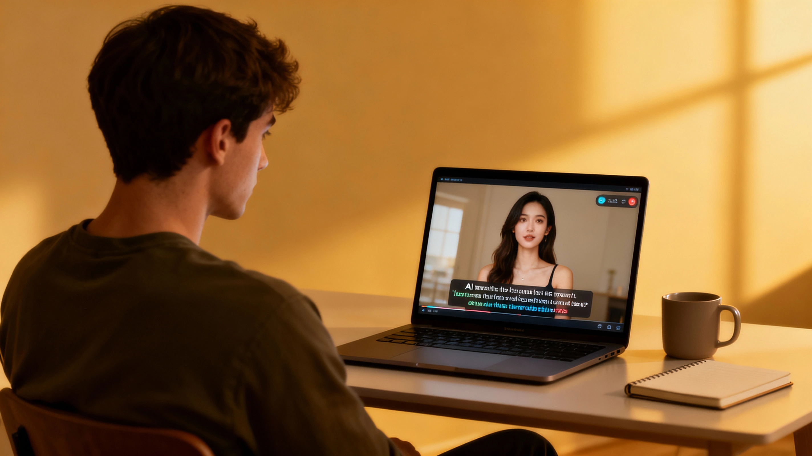 viewer on laptop using ai translation for webcam with subtitles under a foreign language cam chat