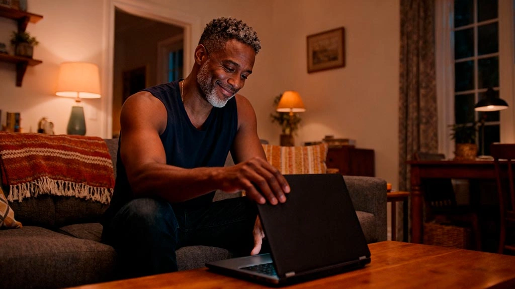 Confident man ending a private cam chat after keeping his boundaries confident man ending private cam chat on laptop after keeping his boundaries