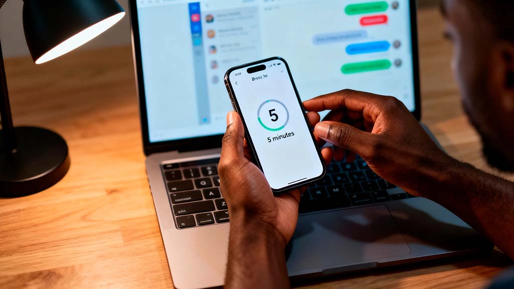 man taking short break from private chat pacing himself with stretch and water