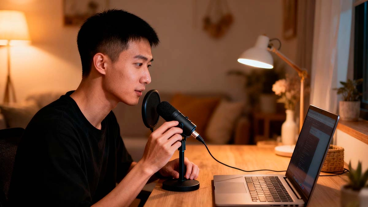 webcam microphone setup men adjusting usb mic distance from mouth at desk