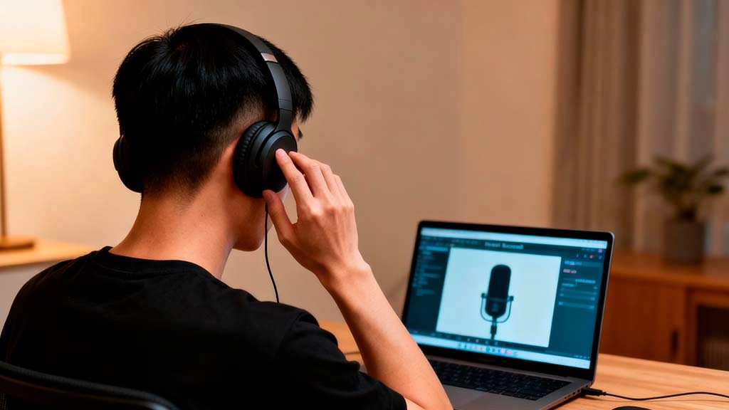 man using headphones to test webcam microphone setup before private call