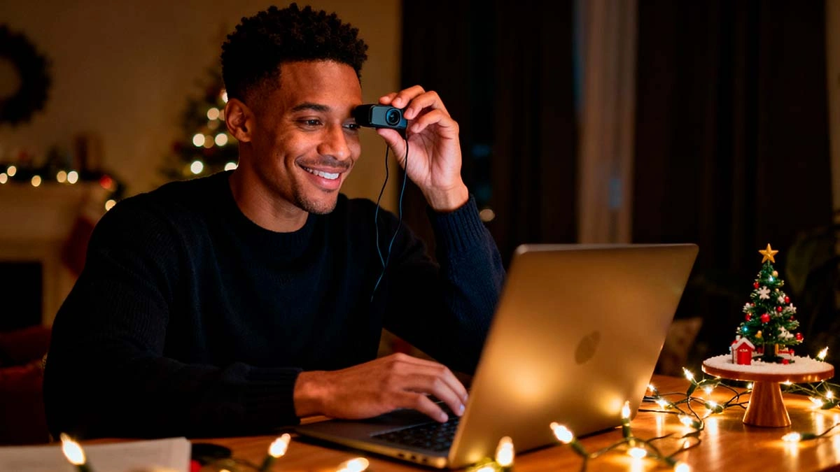 holiday cam date ideas cozy december cam setup with man at laptop and fairy lights