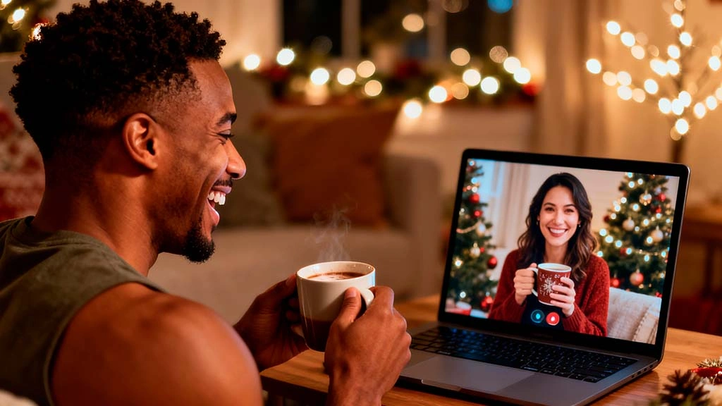 man on holiday cam date laughing with woman on laptop screen both holding hot drinks
