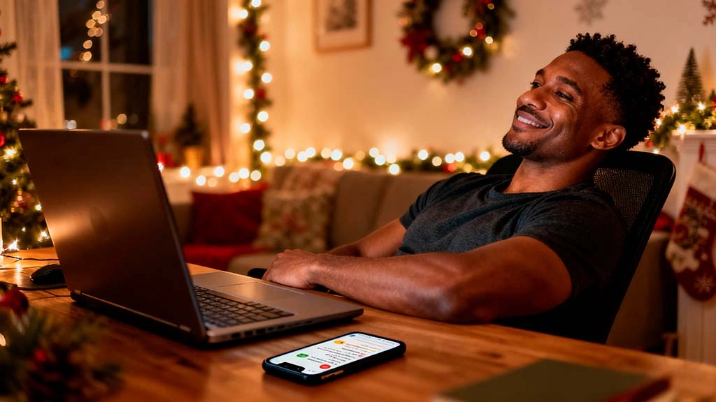 man relaxing after cozy holiday cam date at desk with soft lights and messages on phone