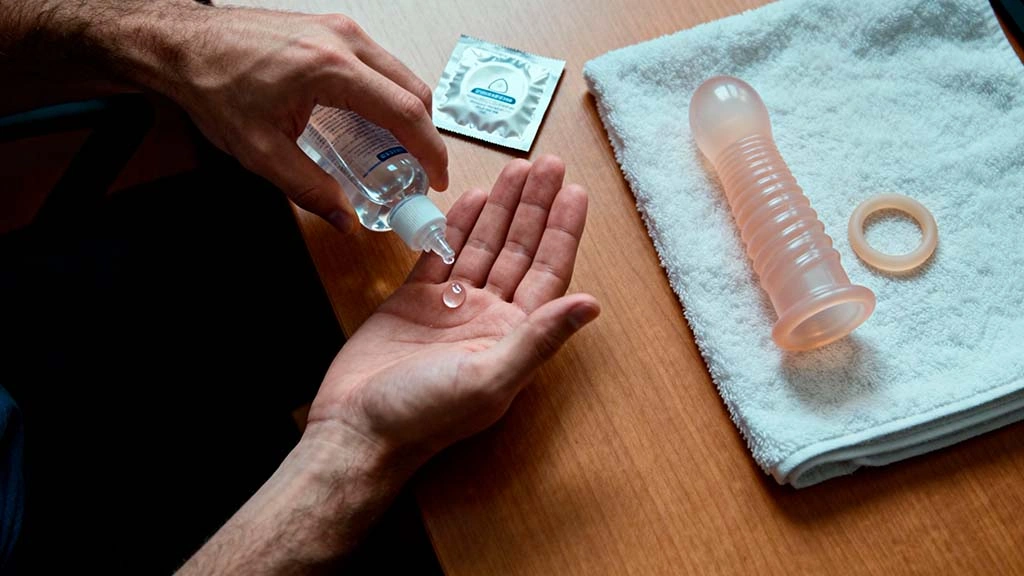 close up of hands putting small amount of water based lube near condom wrapper and silicone toy