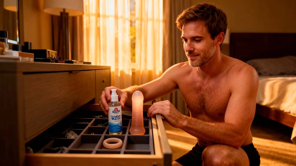 man storing water based lube and sex toys neatly in drawer after cleaning