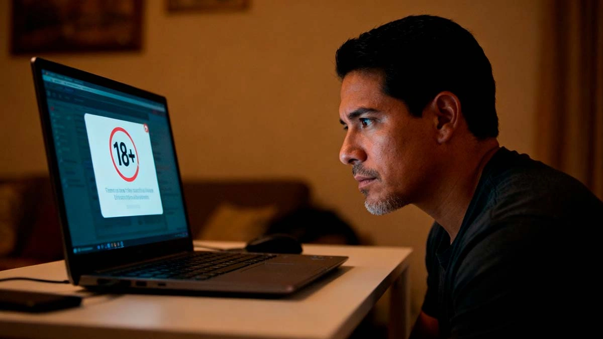 adult male viewer sitting at desk looking at age verification pop up on cam site