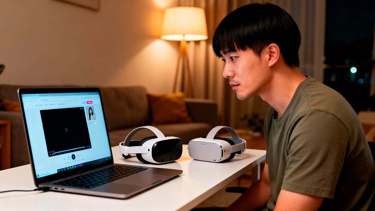 man at desk comparing budget vr headsets next to laptop with cam site open