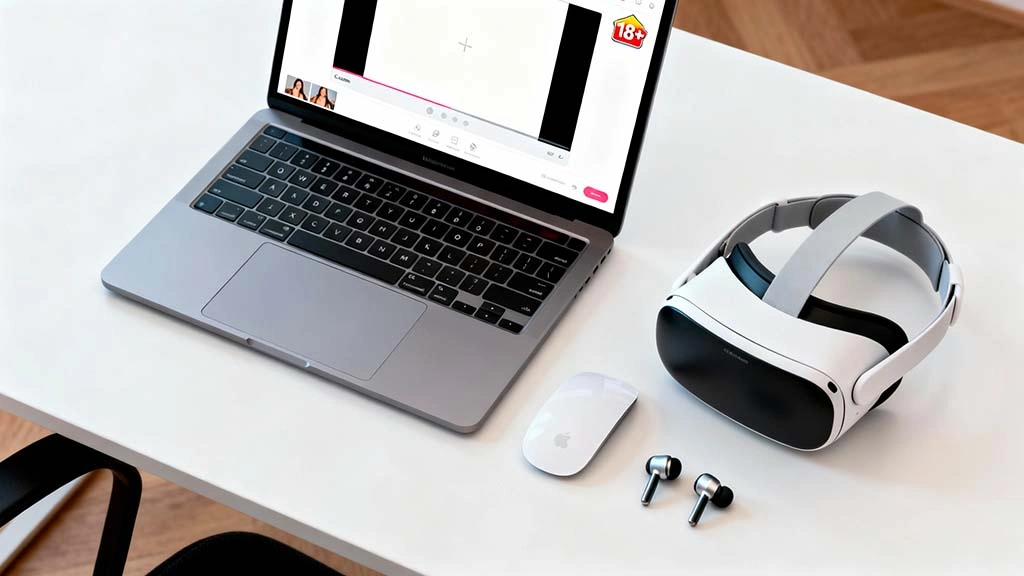 close up of vr headset and laptop on desk showing simple cam site interface