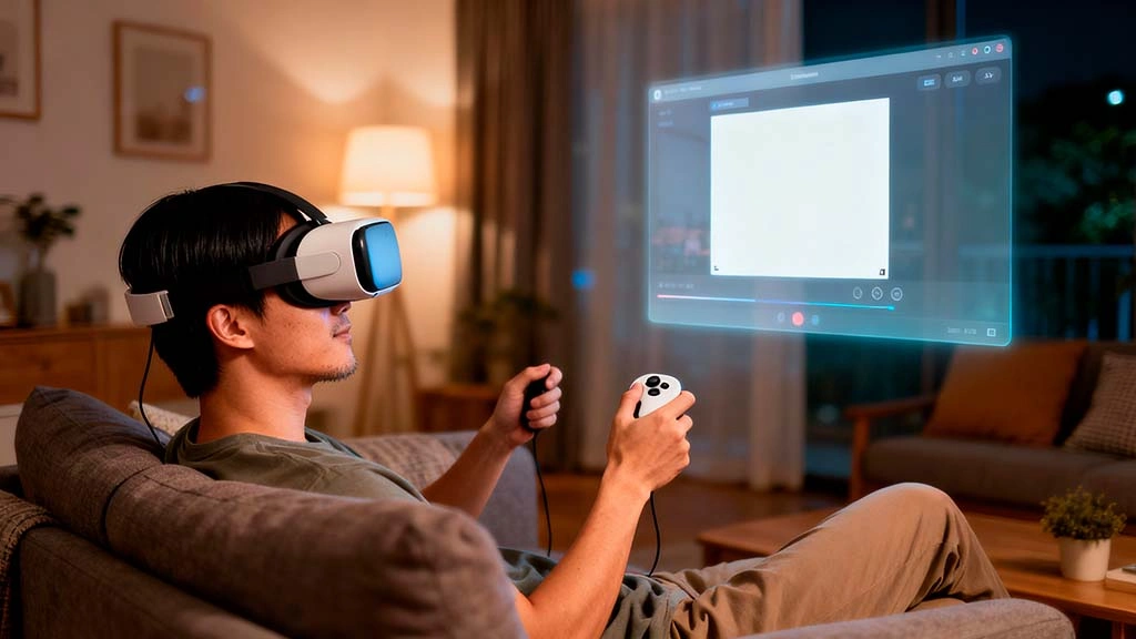 man relaxing on sofa wearing vr headset while simple cam show interface floats in virtual screen