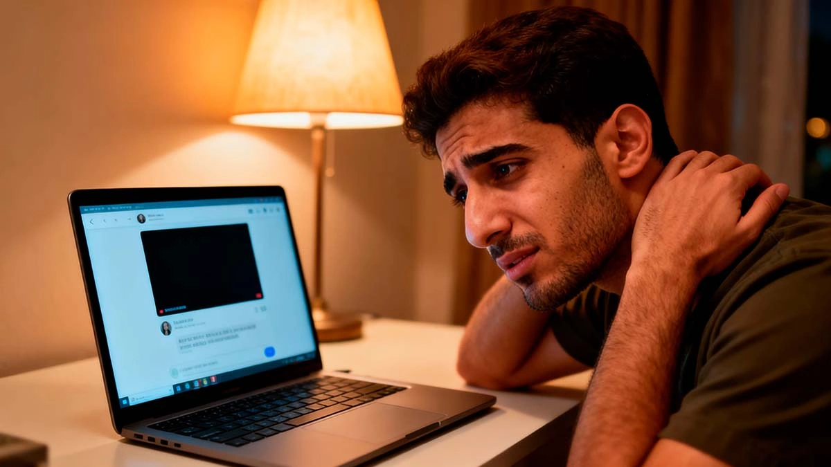 man sitting at desk looking slightly embarrassed at laptop screen after awkward private chat message