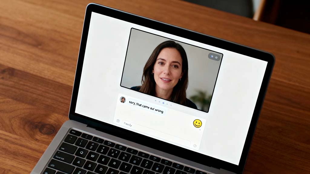 close up of chat window on laptop with short apology message and friendly reply