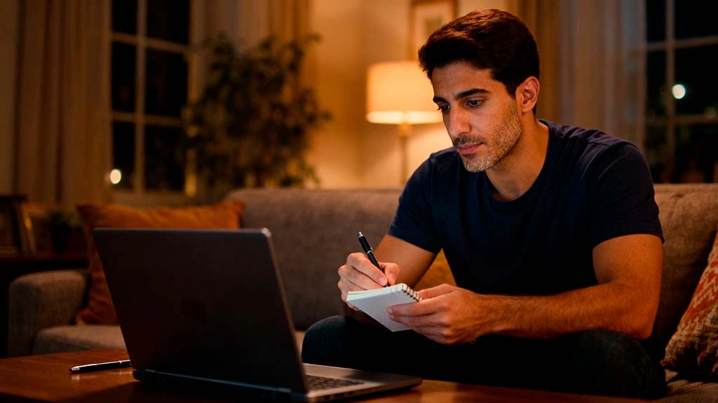 man sitting on sofa with notebook reflecting and writing after awkward online conversation