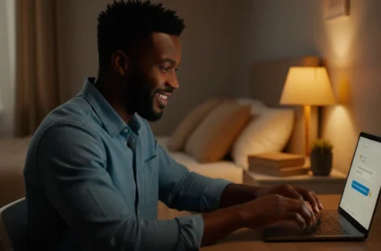 move from chat to cam date man smiling at chat on laptop