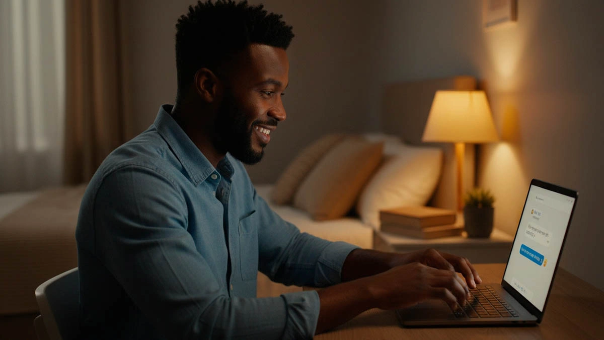 move from chat to cam date man smiling at chat on laptop