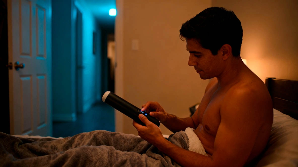 quiet sex toys shared apartment man testing toy volume under blanket