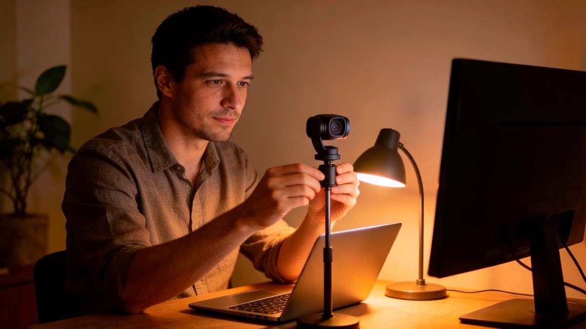 webcam lighting fixes for men man adjusting desk lamp and webcam before video call