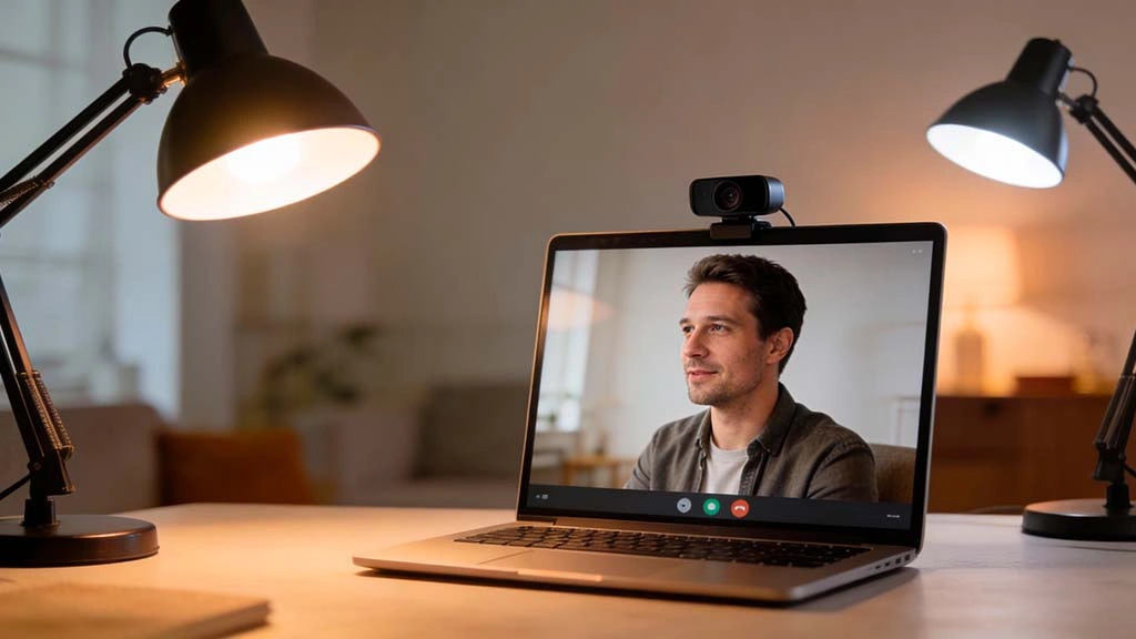 webcam lighting fixes for men two point lighting setup with main and fill light around laptop