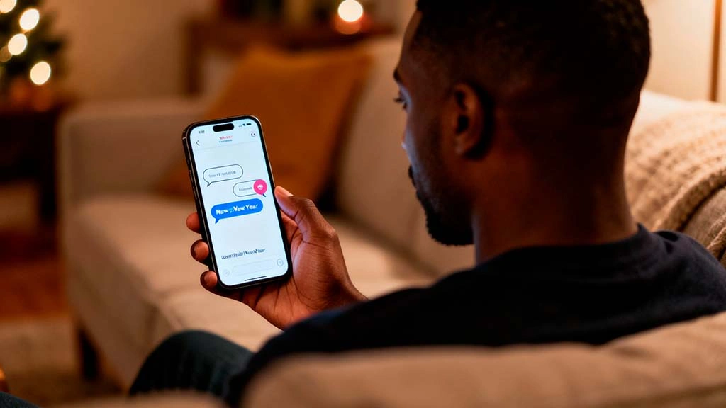 new year first messages online dating chat screen with playful opener and smiling woman reading it