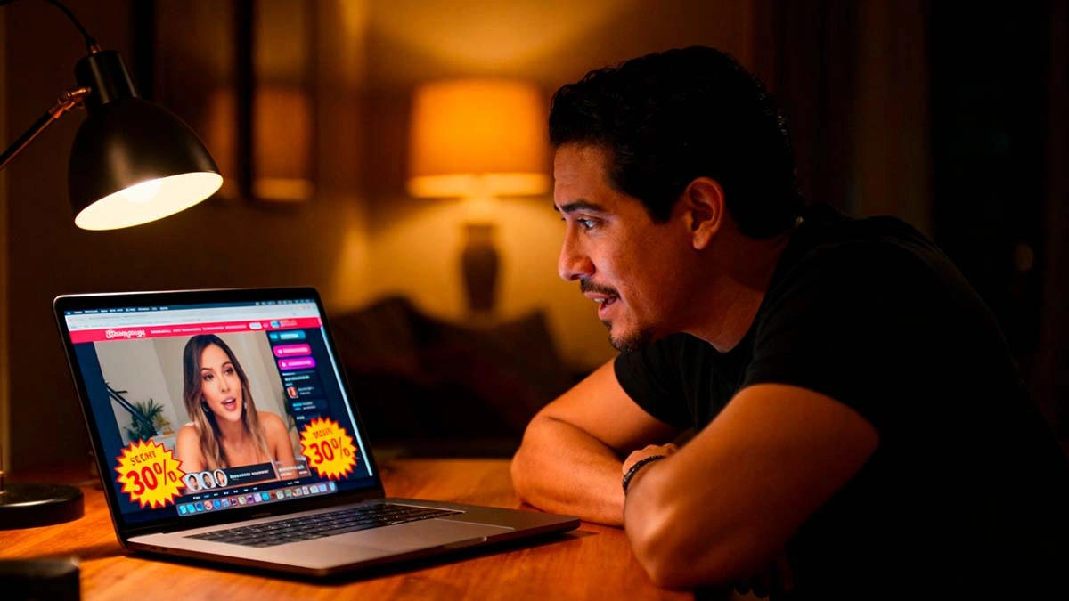 2026 cam site promo codes man checking cam site discounts and token offers on laptop