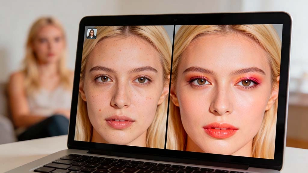 ai filters adult cam chats 2026 split screen showing natural face and filtered face view on webcam