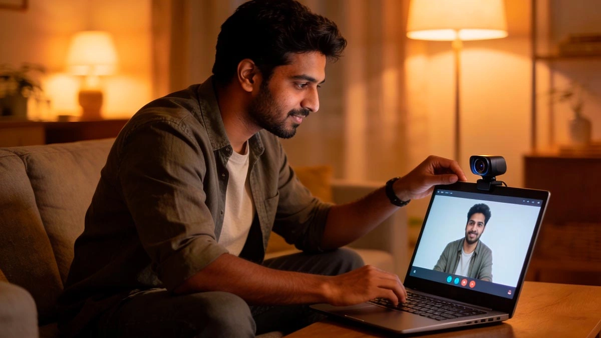 at home first video date man checking webcam angle and background in living room