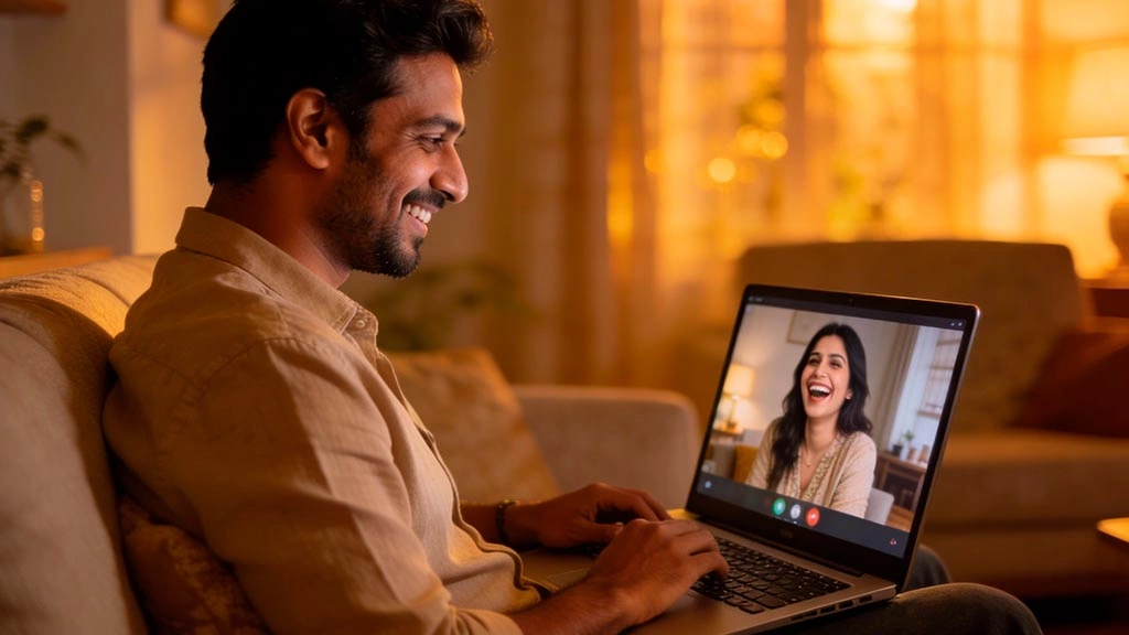 at home first video date man smiling at laptop screen during relaxed conversation
